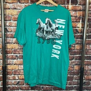 Fruit of the Loom New York horses tee shirt teal blue green large